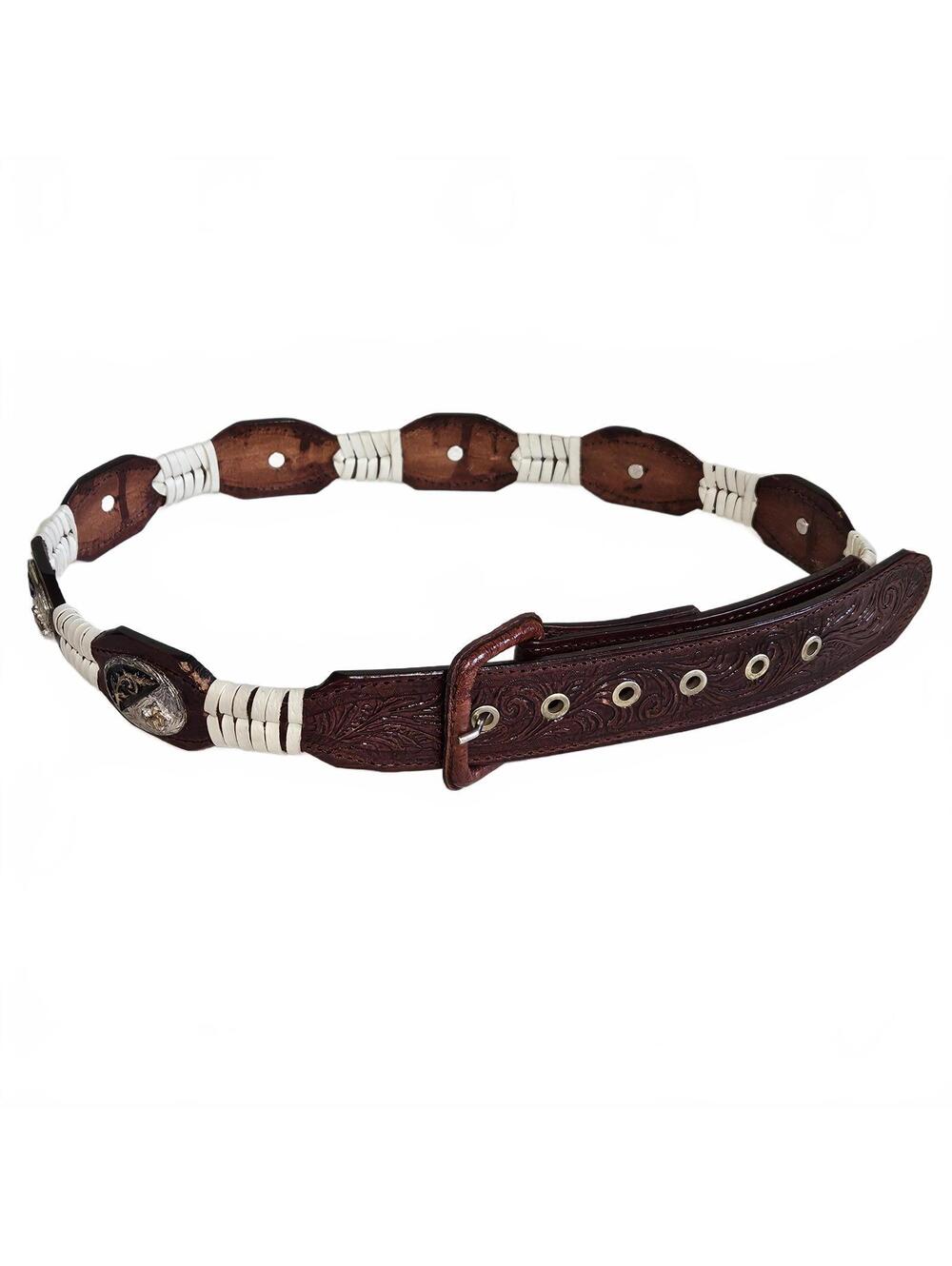 Vintage Brown Leather Concho Bronco Riding Men Belt 36 Rodeo Western Gold Silver